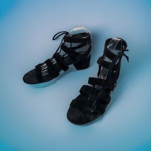 FRYE Women Sz 8.5 Suede Gladiator Ankle Wrap Block Heel Sandals Shoes